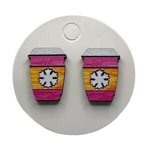 Mini Winter Christmas Pink Coffee Latte Wood Stud Snowflake Earrings